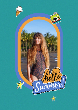 Designvorlage Summer Inspiration with Happy Girl on Beach für Poster