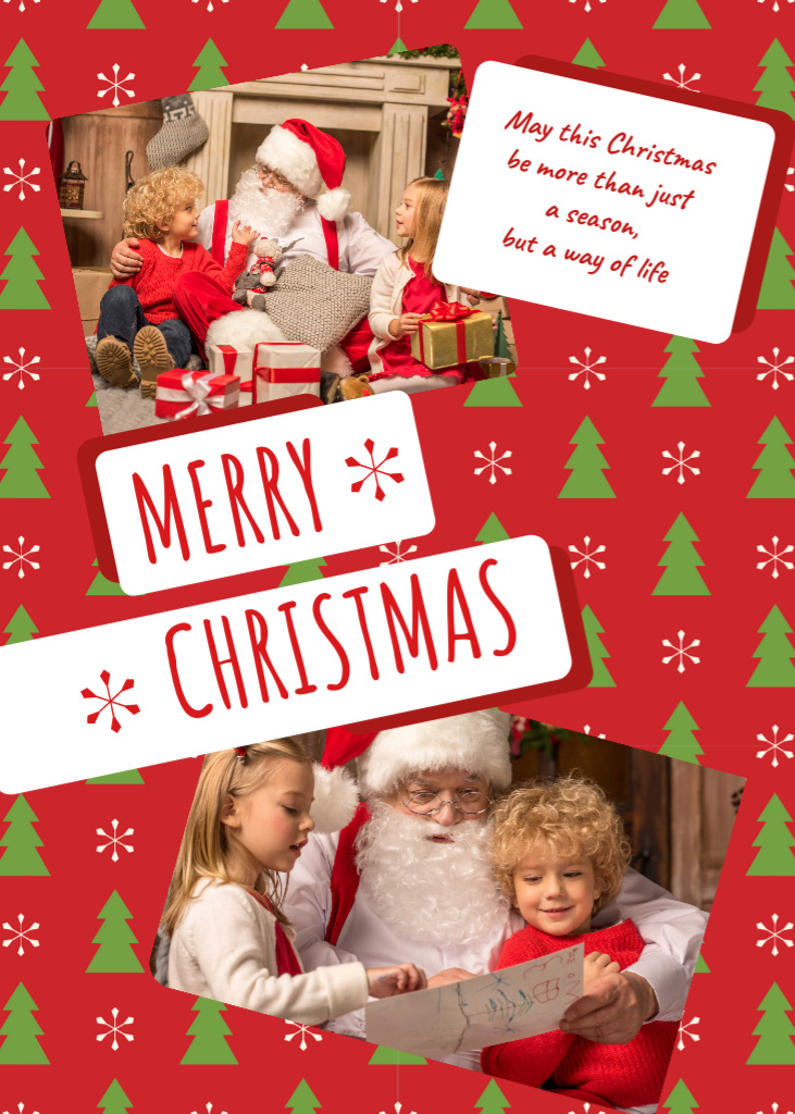 Ontwerpsjabloon van Postcard 5x7in Vertical van Festive Christmas Greeting With Kids and Santa Claus