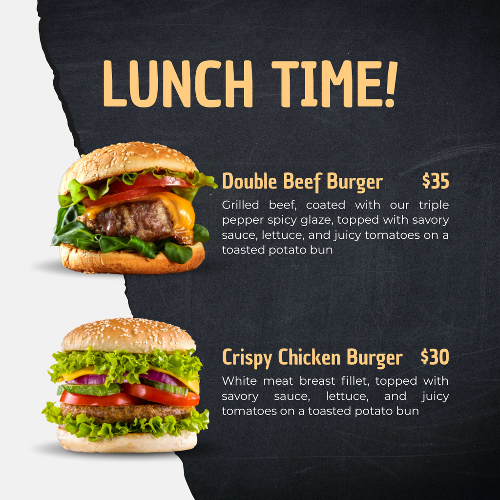 Lunch Menu Offer with Tasty Burger Instagram tervezősablon