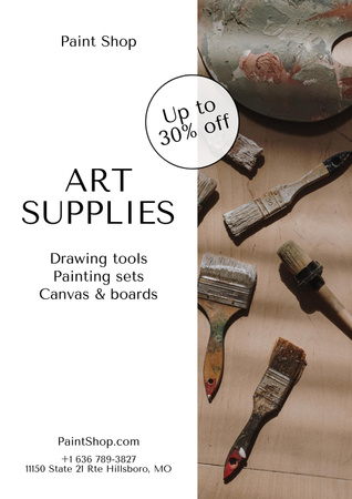 Art Supplies At Discounted Rates Offer With Brushes Poster Design Template