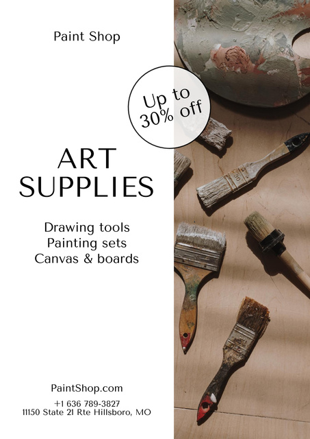 Art Supplies At Discounted Rates Offer With Brushes Poster – шаблон для дизайна