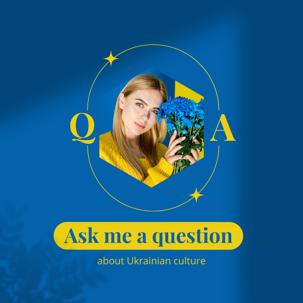Q&A Questions Tab with Young Woman on Blue Instagram Tasarım Şablonu