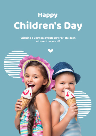 Children's Day with Kids Eating Ice Cream Postcard A6 Vertical Design Template