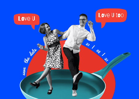 Platilla de diseño Funny Loving Couple Dancing on Skillet Card