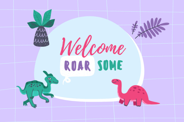 Plantilla de diseño de Welcome Home Phrase With Cute Dinosaurs Postcard 4x6in 