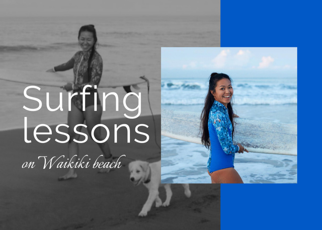 Surfing Lessons Offer with Smiling Woman with Surfboard Postcard 5x7in Modelo de Design