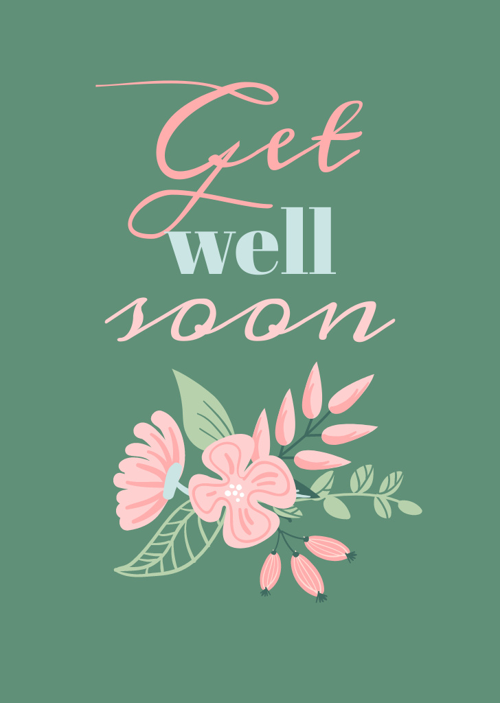 Get Well Wish With Cute Flowers Postcard A6 Vertical Design Template