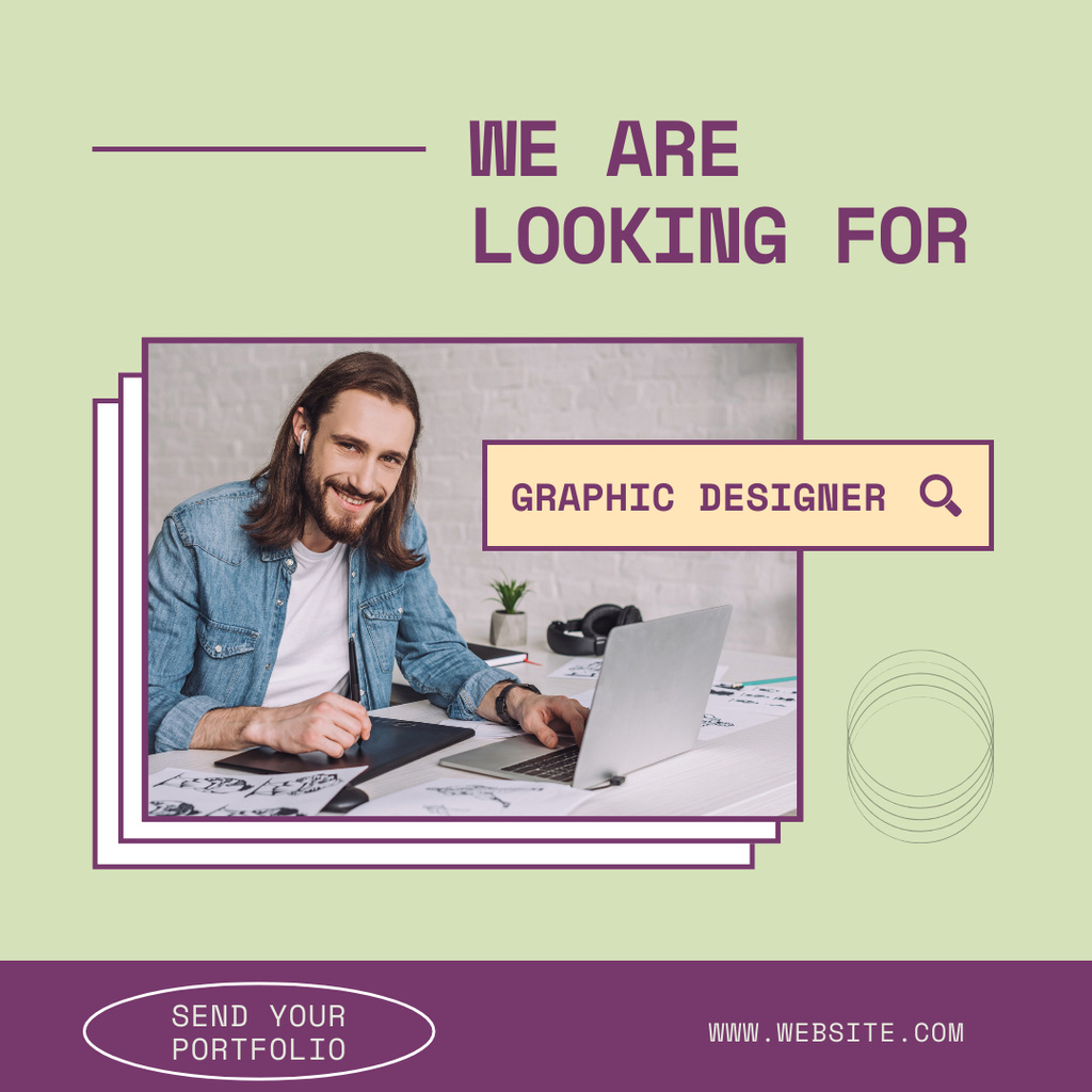 Graphic Designer Vacancy Ad with Smiling Man Instagram Tasarım Şablonu