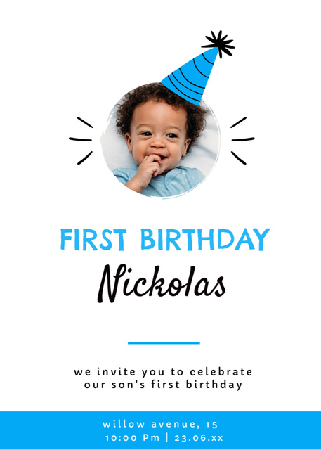 First Birthday of Little Boy Celebration Announcement Invitation Tasarım Şablonu