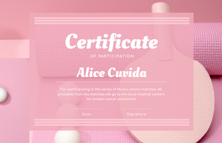 Tennis Match Participation Confirmation in Pink Certificate 5.5x8.5in Design Template