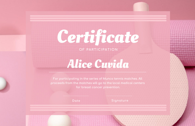 Tennis Match Participation Confirmation in Pink Certificate 5.5x8.5in tervezősablon
