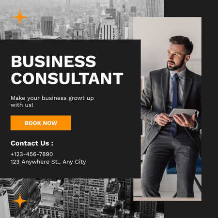 Üzleti tanácsadó szolgáltatások üzletemberrel és városképpel LinkedIn post tervezősablon