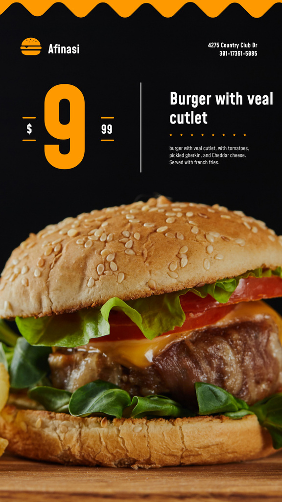 Fast Food Offer with Tasty Burger on Black Instagram Story Modelo de Design