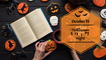 noite de halloween anúncio com livros e abóboras FB event cover Modelo de Design