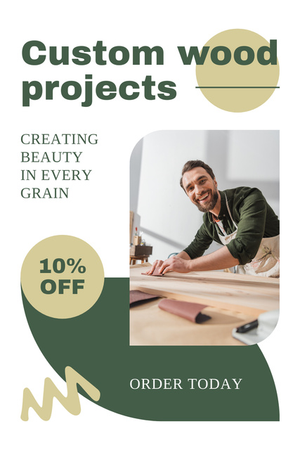 Custom Wood Projects Ad with Smiling Carpenter Pinterestデザインテンプレート
