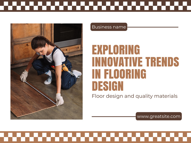 Ad of Innovative Trends in Flooring with Woman Repairman Presentation Πρότυπο σχεδίασης