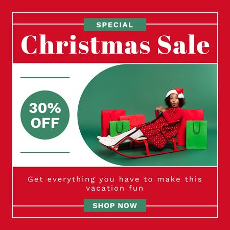 Kid on Sleigh on Christmas Sale Red Instagram AD Design Template