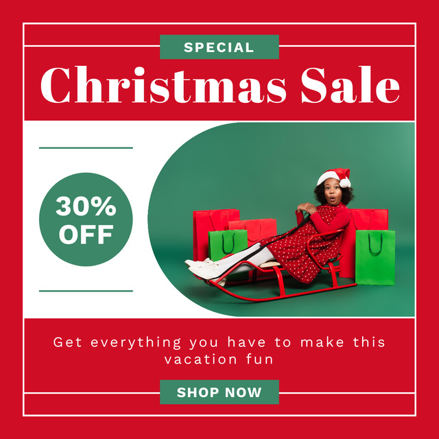 Kid on Sleigh on Christmas Sale Red Instagram AD – шаблон для дизайну
