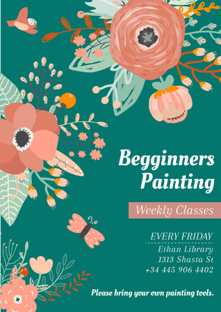 Platilla de diseño Painting Classes Ad with Tender Flowers Drawing Poster