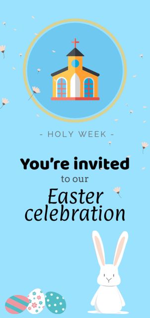 Easter Service Invitation with Cute Illustration on Blue Flyer DIN Largeデザインテンプレート