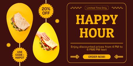Happy Hour in Fast Casual Restaurant with Tasty Tacos Twitter Design Template