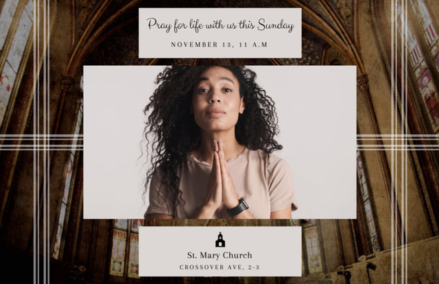Ontwerpsjabloon van Flyer 5.5x8.5in Horizontal van Praying For Life In Church Announcement with Praying Woman