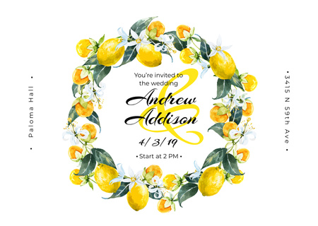 Wedding Invitation Wreath with Lemons Card Design Template