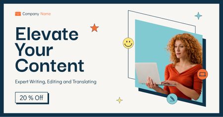 Designvorlage Anspruchsvoller Content-Schreib- und Übersetzungsservice mit Rabatten für Facebook AD