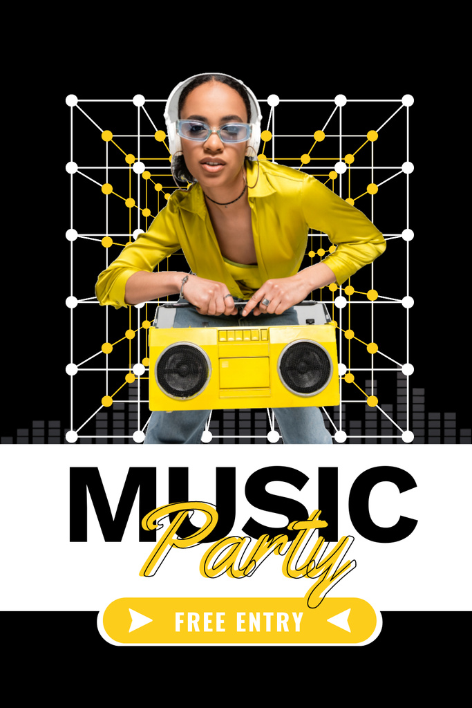 Popular Music Party with Stylish African American Woman Pinterest Design Template