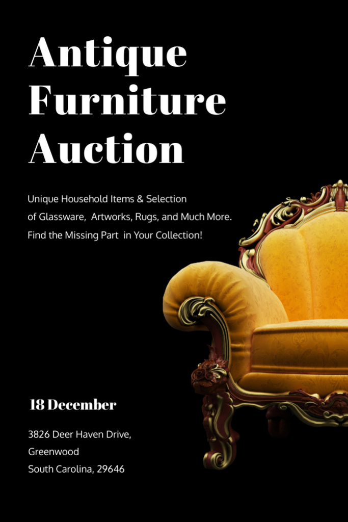 Valuable Furniture Auction Ad with Luxe Yellow Armchair Flyer 4x6in Tasarım Şablonu