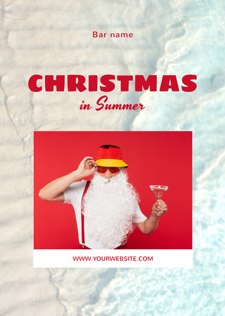 Christmas In Summer With Bar Promotion And Man in Santa Costume Postcard A6 Vertical Design Template