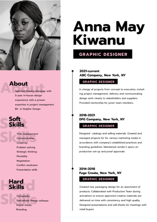 Szablon projektu Resume For Graphic Designer With African American Woman Resume