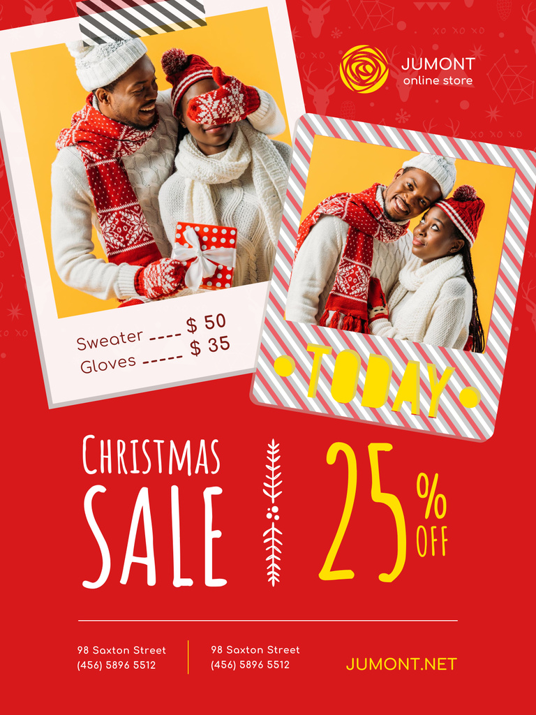 Christmas Sale Announcement with Couple in Winter Clothes Poster 36x48in tervezősablon