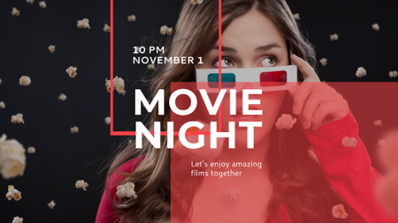 Movie Night Announcement with Woman in 3d Glasses FB event cover Tasarım Şablonu