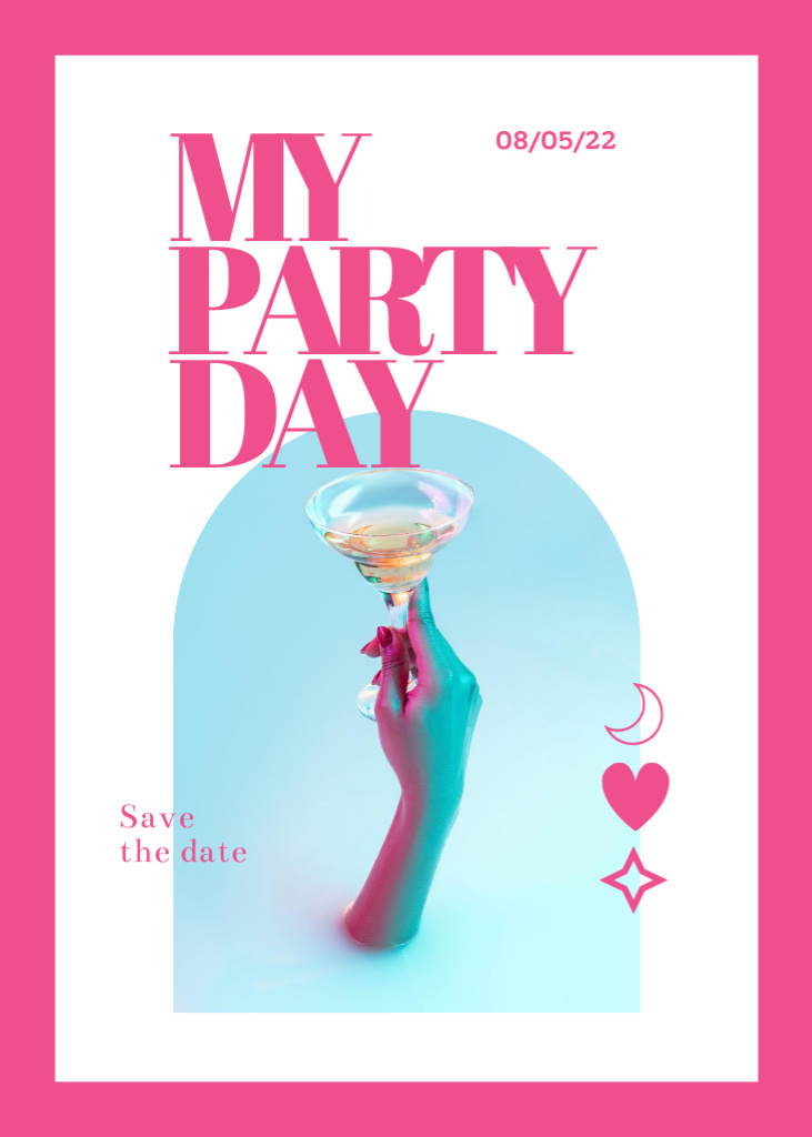 Awesome Party Day Announcement With Hand Holding Cocktail Postcard 5x7in Verticalデザインテンプレート