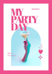Awesome Party Day Announcement With Hand Holding Cocktail