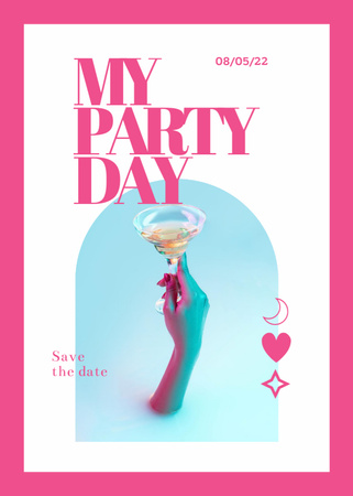 Awesome Party Day Announcement With Hand Holding Cocktail Postcard 5x7in Vertical Design Template
