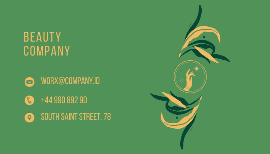Beauty Salon Ad with Illustration of Leaves on Green Business Card US Modelo de Design