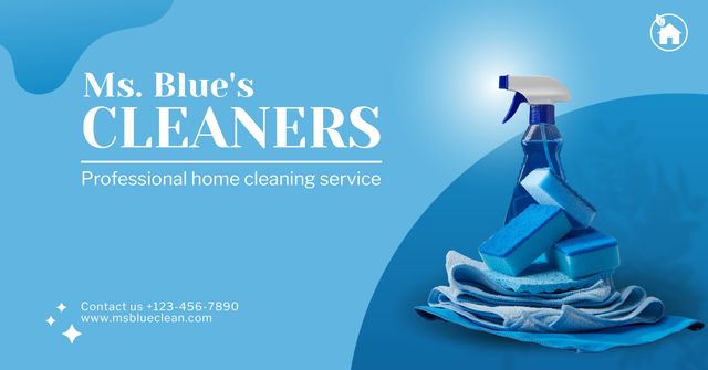 Home Cleaning Services Ad with Blue Detergents Facebook AD Πρότυπο σχεδίασης