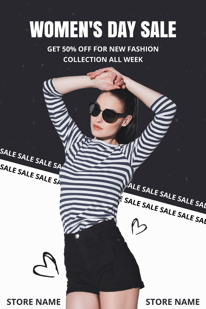 Plantilla de diseño de Women's Day Sale Announcement with Stylish Woman in Sunglasses Pinterest 