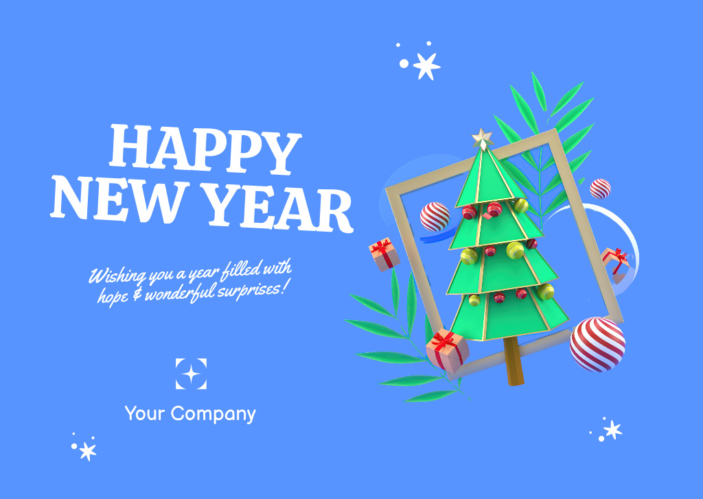 New Year Holiday Greeting with Decorated Tree in Blue Postcard Design Template