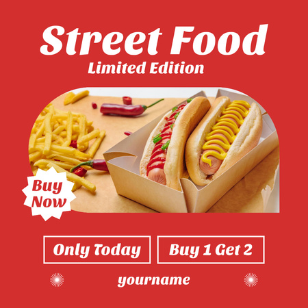 Street Food Ad with Hot Dogs and French Fries Instagram Design Template