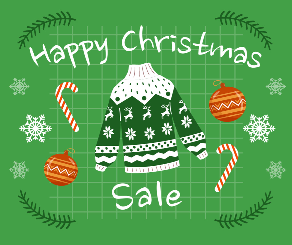 Merry Christmas Sale Offer Sweater Reindeer Pattern Facebook Tasarım Şablonu