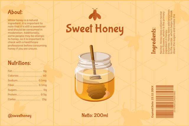 Yellow Tag for Natural Honey with Illustration of Jar and Bees Label Tasarım Şablonu
