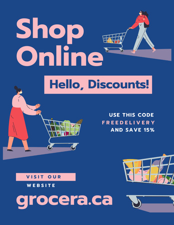 Online Shop Offer Women with groceries in baskets Poster 8.5x11in Tasarım Şablonu