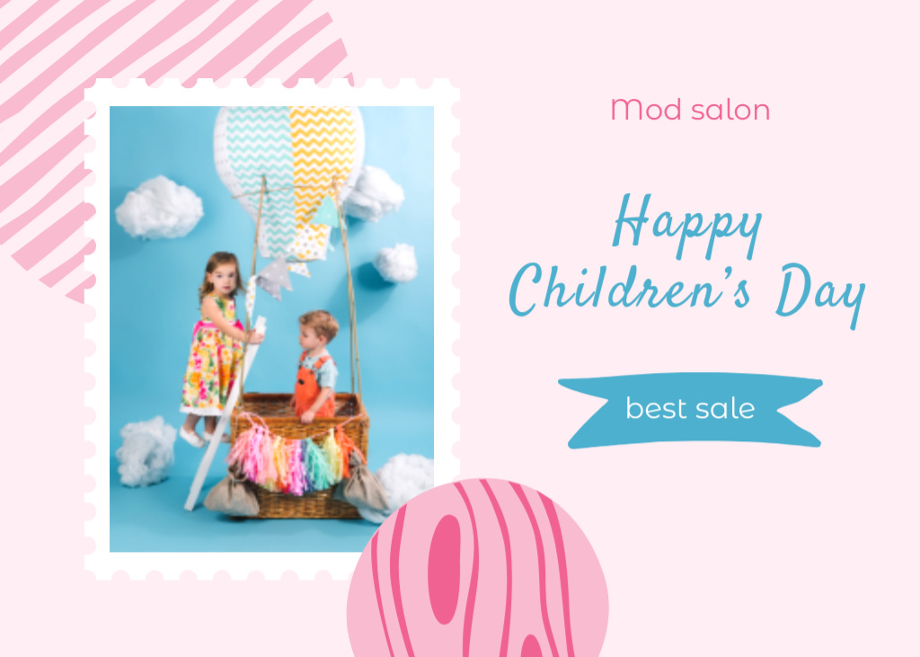 Designvorlage Children's Day Holiday Greeting With Kids In Balloon für Postcard 5x7in