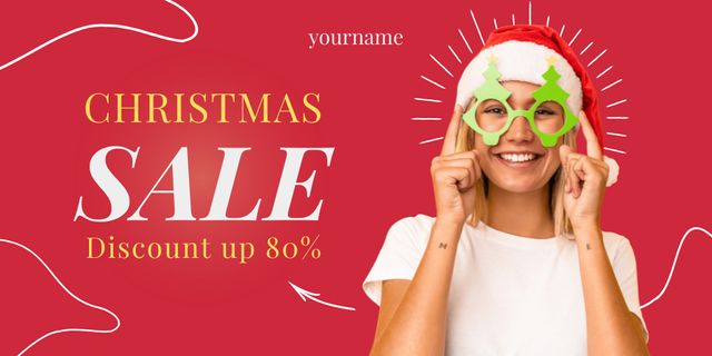 Woman on Christmas Sale Red Twitter Design Template