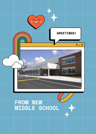 Designvorlage Grüße von der neuen Schule mit niedlichen, hellen Kritzeleien für Postcard 5x7in Vertical