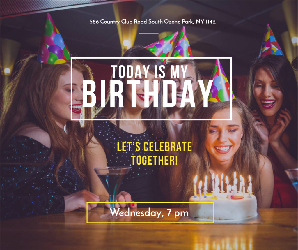 Birthday Invitation Happy Girl blowing Candles on Cake Facebook Design Template