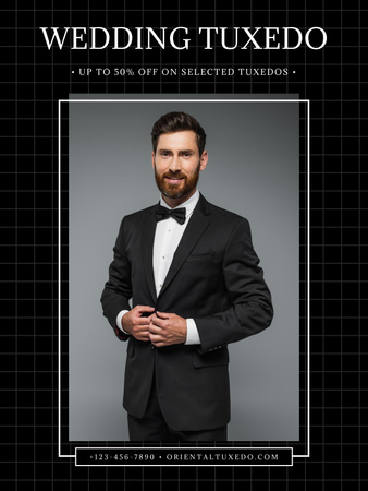 Esküvői öltönyök és szmokingok hirdetése jóképű férfival Poster US tervezősablon